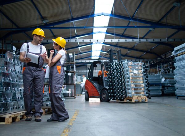 Factory workers standing in industrial warehouse and discussing about production.