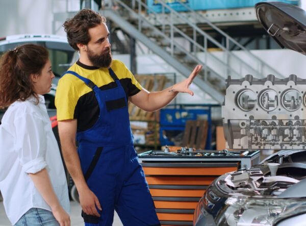 Qualified mechanic in repair shop using holographic augmented reality to show customer damaged components inside car. Experienced garage employee using futuristic tech to project vehicle parts
