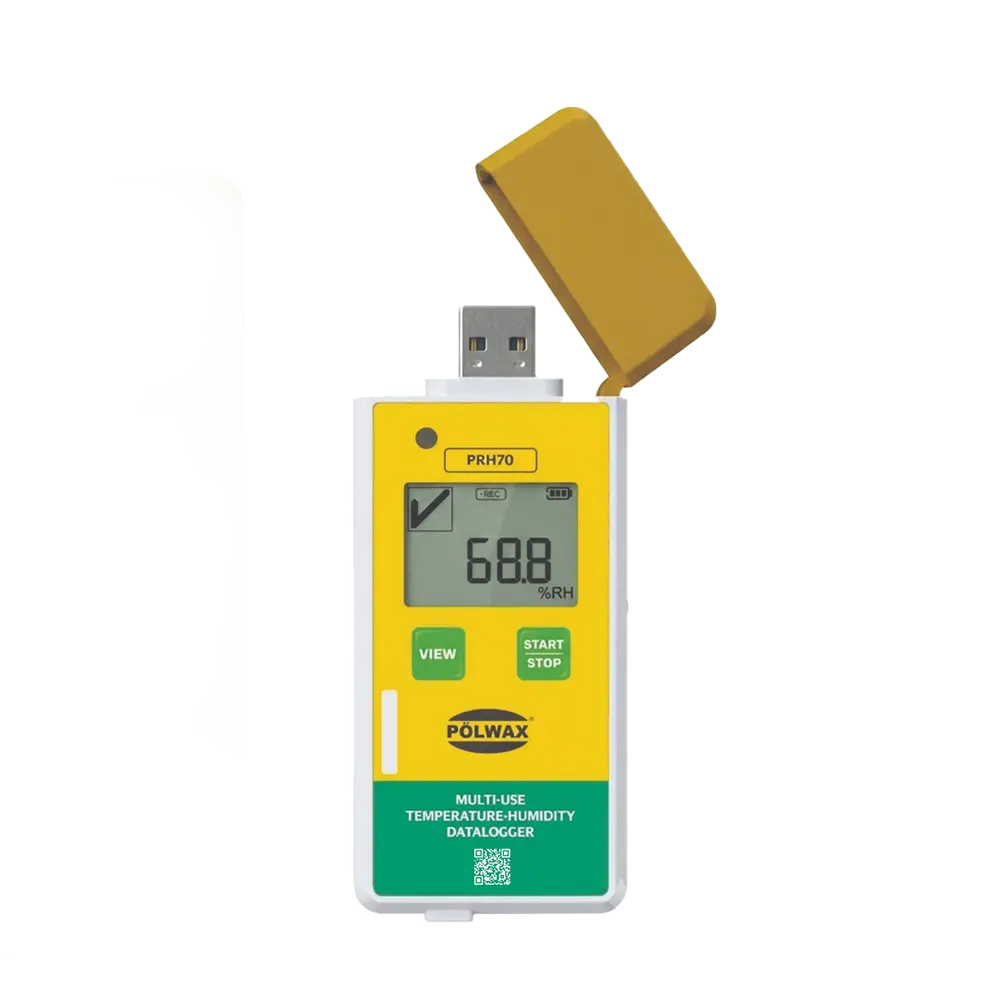 Polwax PRH70 Multi-Use Temperature & Humidity Datalogger monitoring pharmaceutical products in a temperature-controlled storage facility