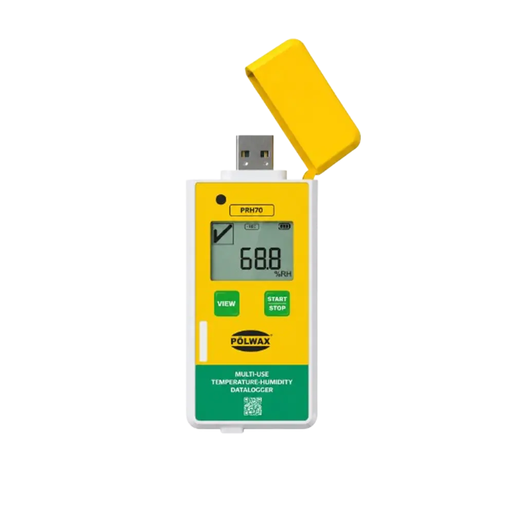 Polwax PRH70 Multi-Use Temperature & Humidity Datalogger monitoring pharmaceutical products in a temperature-controlled storage facility
